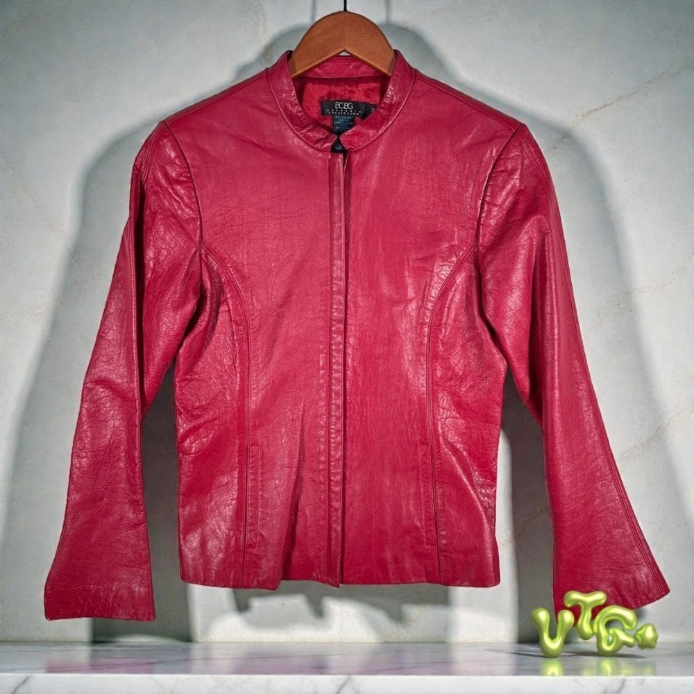 VINTAGE BCBG Max‎ Azria Y2K Cherry Red Leather Jacket | Fitted Moto | Women's M